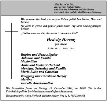 Anzeige  Hedwig Herzog  Lippische Landes-Zeitung