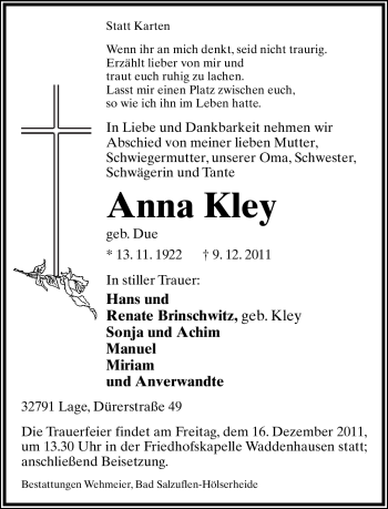 Anzeige  Anna Kley  Lippische Landes-Zeitung