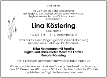 Anzeige  Lina Köstering  Lippische Landes-Zeitung