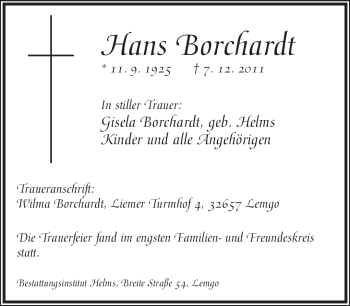 Anzeige  Hans Borchardt  Lippische Landes-Zeitung