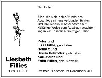 Anzeige  Liesbeth Fillies  Lippische Landes-Zeitung