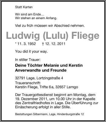 Anzeige  Ludwig Fliege  Lippische Landes-Zeitung