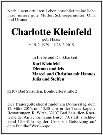 Anzeige  Charlotte Kleinfeld  Lippische Landes-Zeitung
