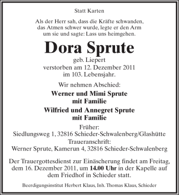 Anzeige  Dora Sprute  Lippische Landes-Zeitung