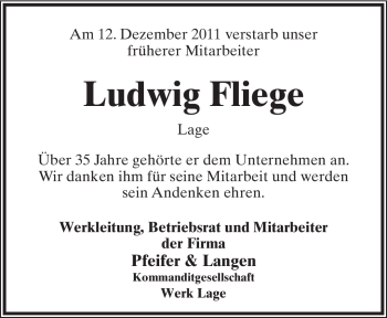 Anzeige  Ludwig Fliege  Lippische Landes-Zeitung