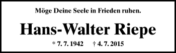 Anzeige  Hans-Walter Riepe  Lippische Landes-Zeitung