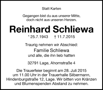 Anzeige  Reinhard Schliewa  Lippische Landes-Zeitung