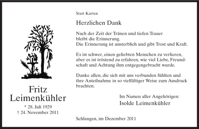  Traueranzeige für Fritz Leimenkühler vom 16.12.2011 aus Lippische Landes-Zeitung
