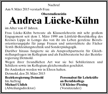 Anzeige  Andrea Lücke-Kühn  Lippische Landes-Zeitung
