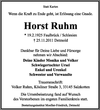 Anzeige  Horst Ruhm  Lippische Landes-Zeitung