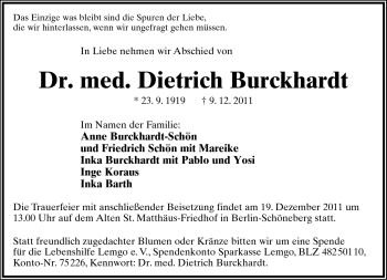 Anzeige  Dietrich Burckhard  Lippische Landes-Zeitung