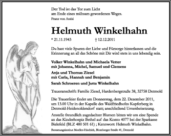 Anzeige  Helmuth Winkelhahn  Lippische Landes-Zeitung
