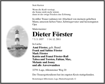 Anzeige  Dieter Förster  Lippische Landes-Zeitung