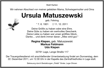 Anzeige  Ursula Matuszewski  Lippische Landes-Zeitung