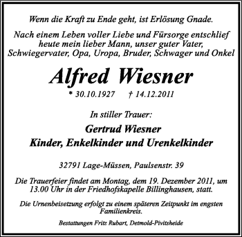Anzeige  Alfred Wiesner  Lippische Landes-Zeitung