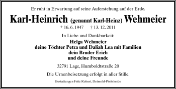 Anzeige  Karl-Heinrich Wehmeier  Lippische Landes-Zeitung