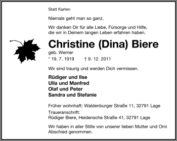 Anzeige  Christine Biere  Lippische Landes-Zeitung