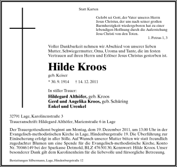 Anzeige  Hilde Kroos  Lippische Landes-Zeitung
