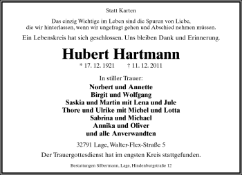 Anzeige  Hubert Hartmann  Lippische Landes-Zeitung