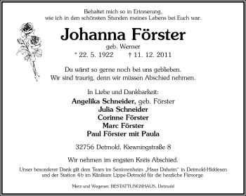 Anzeige  Johanna Förster  Lippische Landes-Zeitung