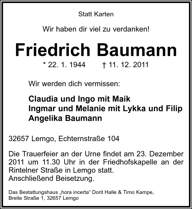  Traueranzeige für Friedrich Baumann vom 17.12.2011 aus Lippische Landes-Zeitung