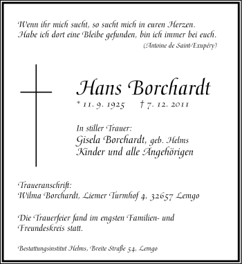 Anzeige  Hans Borchardt  Lippische Landes-Zeitung