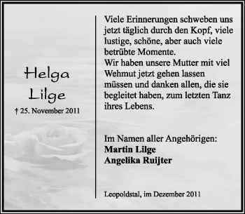 Anzeige  Helga Lilge  Lippische Landes-Zeitung
