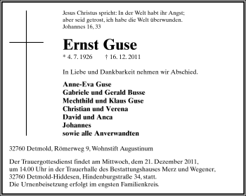 Anzeige  Ernst Guse  Lippische Landes-Zeitung
