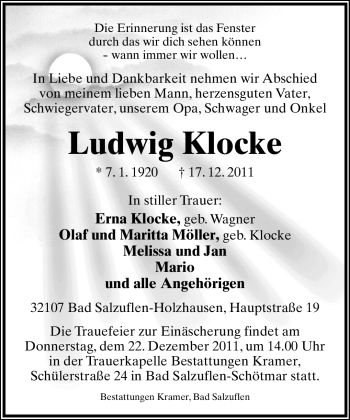 Anzeige  Ludwig Klocke  Lippische Landes-Zeitung