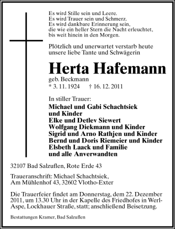 Anzeige  Herta Hafemann  Lippische Landes-Zeitung