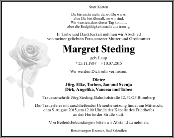 Anzeige  Margret Steding  Lippische Landes-Zeitung