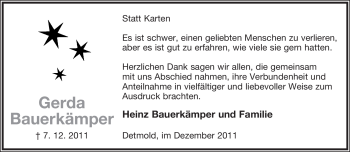 Anzeige  Gerda Bauerkämper  Lippische Landes-Zeitung