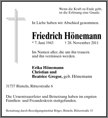 Anzeige  Friedrich Hönemann  Lippische Landes-Zeitung