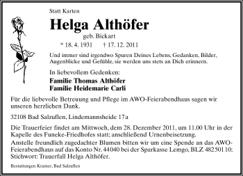 Anzeige  Helga Althöfer  Lippische Landes-Zeitung