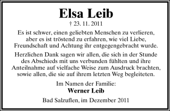 Anzeige  Elsa Leib  Lippische Landes-Zeitung