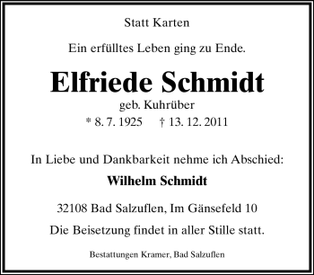 Anzeige  Elfriede Schmidt  Lippische Landes-Zeitung
