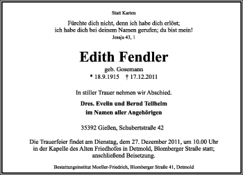 Anzeige  Edith Fendler  Lippische Landes-Zeitung