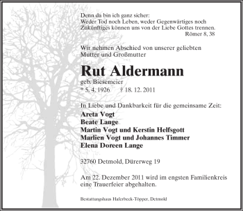Anzeige  Rut Aldermann  Lippische Landes-Zeitung