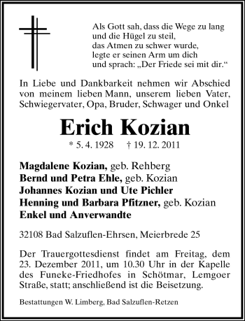 Anzeige  Erich Kozian  Lippische Landes-Zeitung