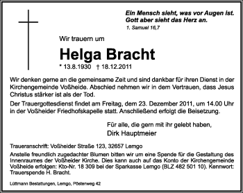 Anzeige  Helga Bracht  Lippische Landes-Zeitung