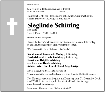 Anzeige  Sieglinde Schüring  Lippische Landes-Zeitung