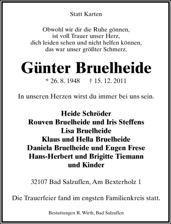 Anzeige  Günter Bruelheide  Lippische Landes-Zeitung