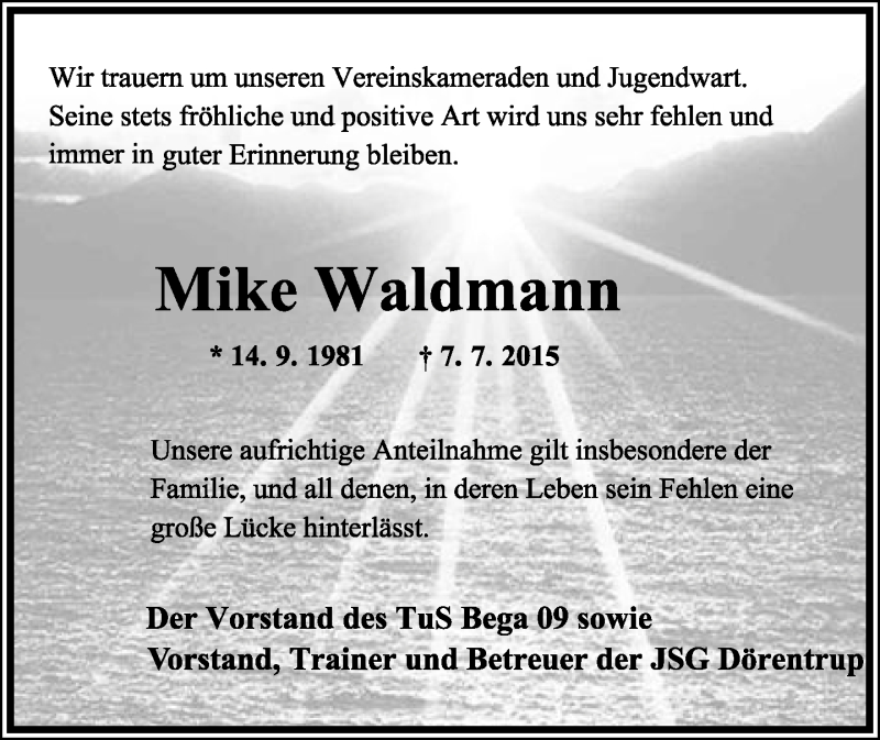  Traueranzeige für Mike Waldmann vom 15.07.2015 aus Lippische Landes-Zeitung