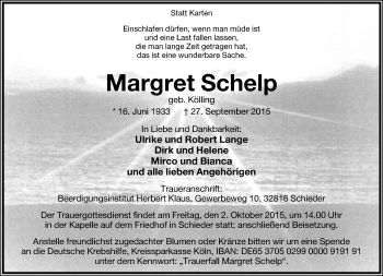 Anzeige  Margret Schelp  Lippische Landes-Zeitung