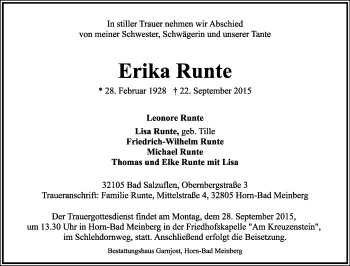 Anzeige  Erika Runte  Lippische Landes-Zeitung