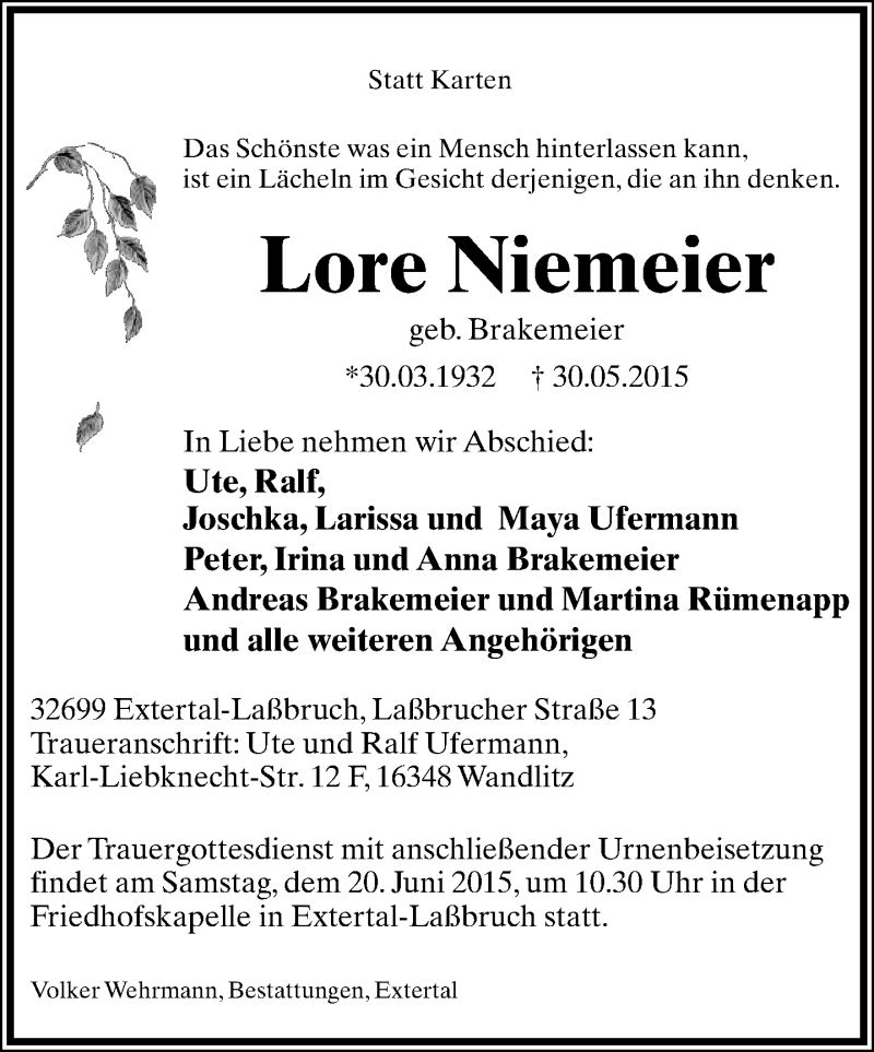  Traueranzeige für Lore Niemeier vom 06.06.2015 aus Lippische Landes-Zeitung