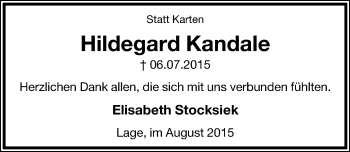 Anzeige  Hildegard Kandale  Lippische Landes-Zeitung