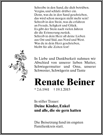 Anzeige  Renate Beiner  Lippische Landes-Zeitung