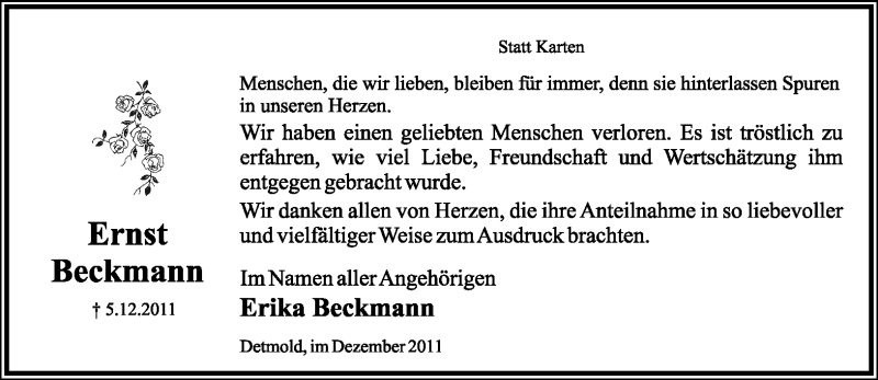  Traueranzeige für Ernst Beckmann vom 24.12.2011 aus Lippische Landes-Zeitung