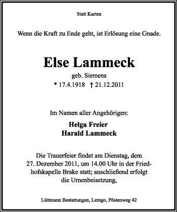 Anzeige  Else Lammeck  Lippische Landes-Zeitung
